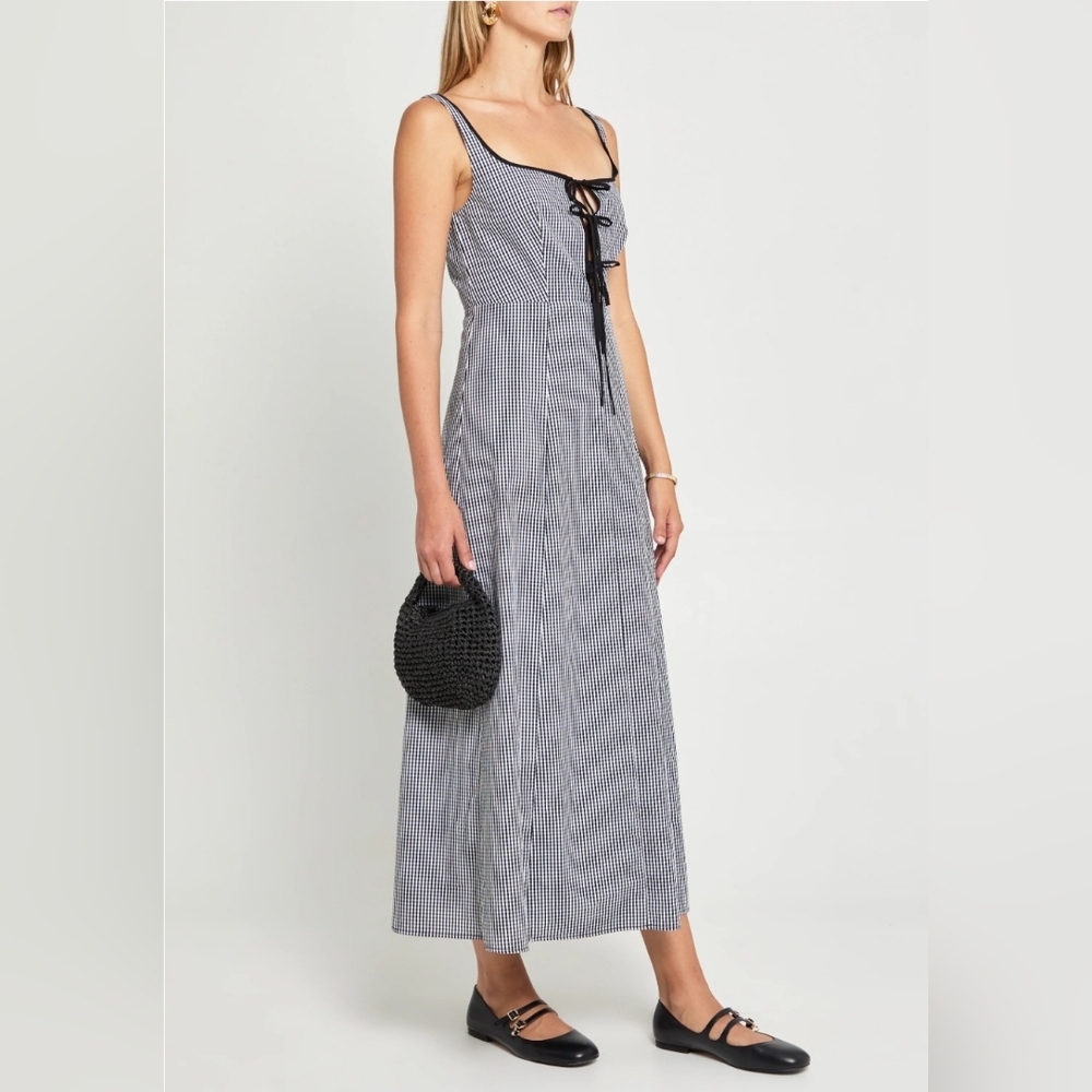 Sleeveless Black & White Gingham Tie-Front Maxi Dress